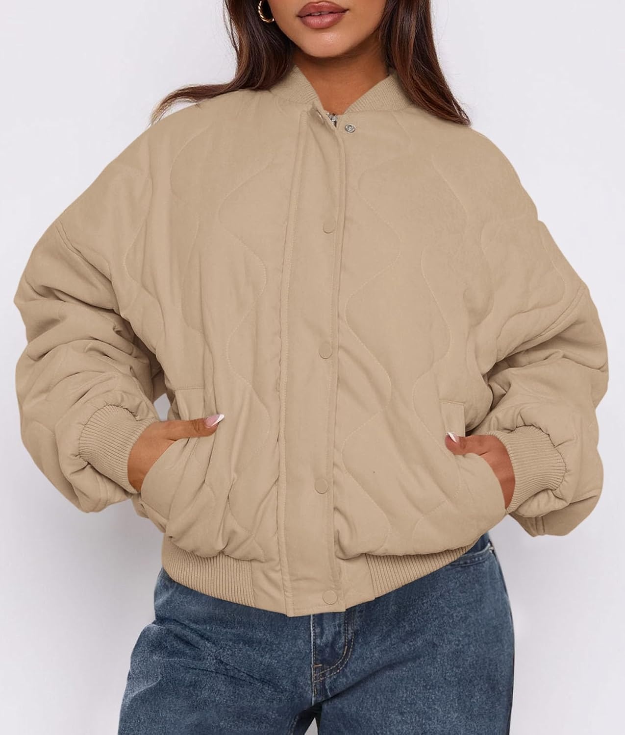 image:imagePRETTYGARDEN Womens Quilted Bomber Jackets Winter CoatsKhaki