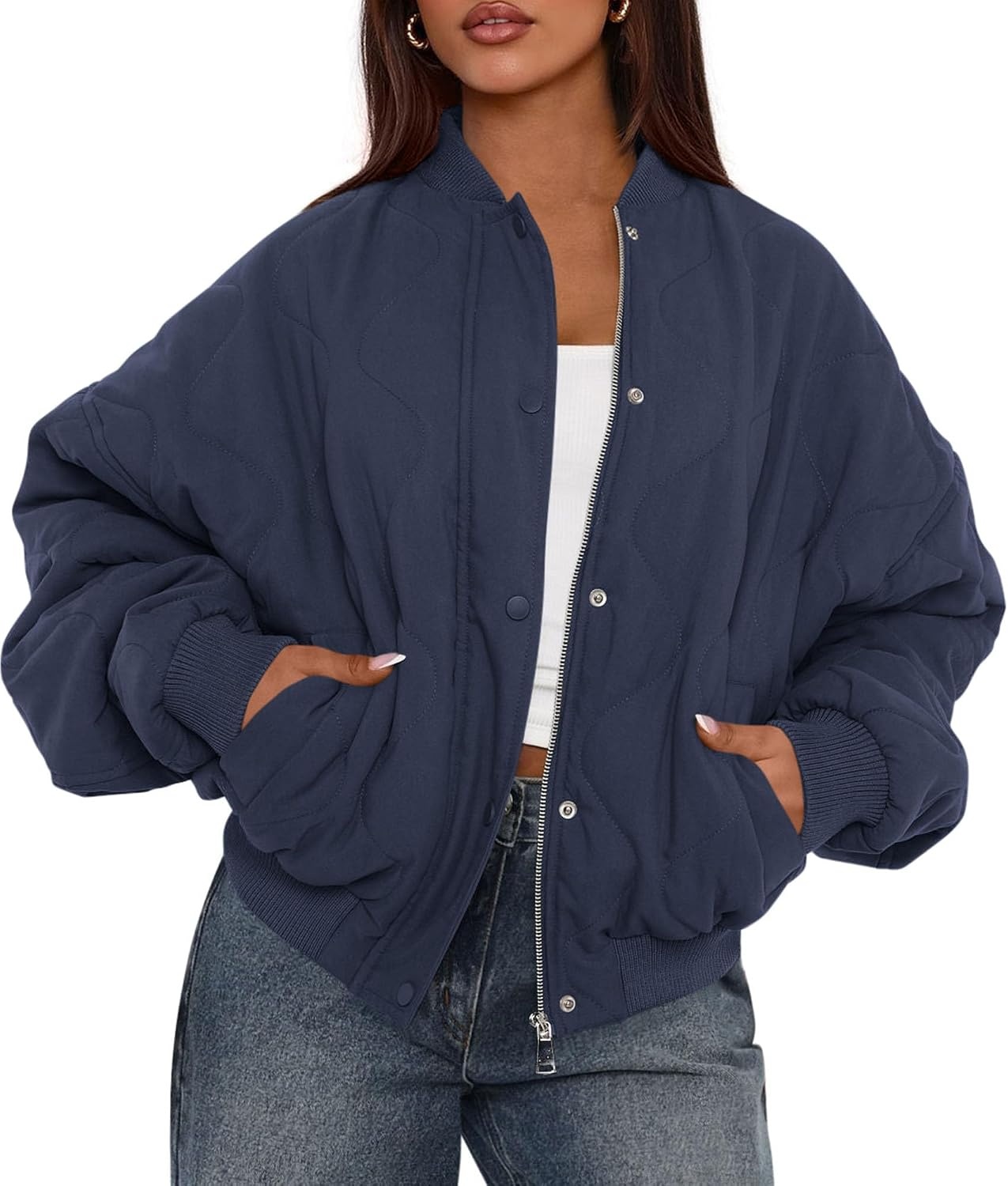 image:imagePRETTYGARDEN Womens Quilted Bomber Jackets Winter CoatsNavy Blue