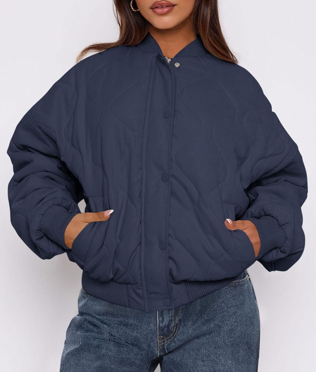 image:imagePRETTYGARDEN Womens Quilted Bomber Jackets Winter CoatsNavy Blue