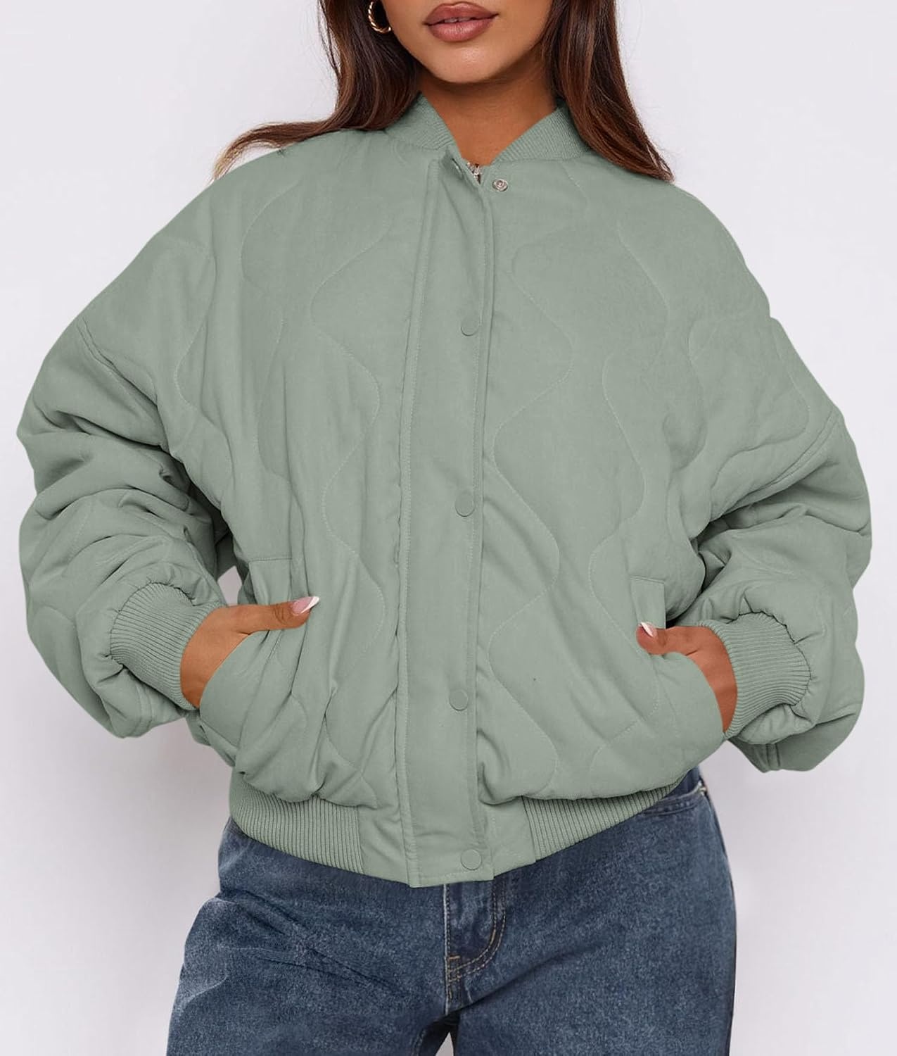 image:imagePRETTYGARDEN Womens Quilted Bomber Jackets Winter CoatsSage Green