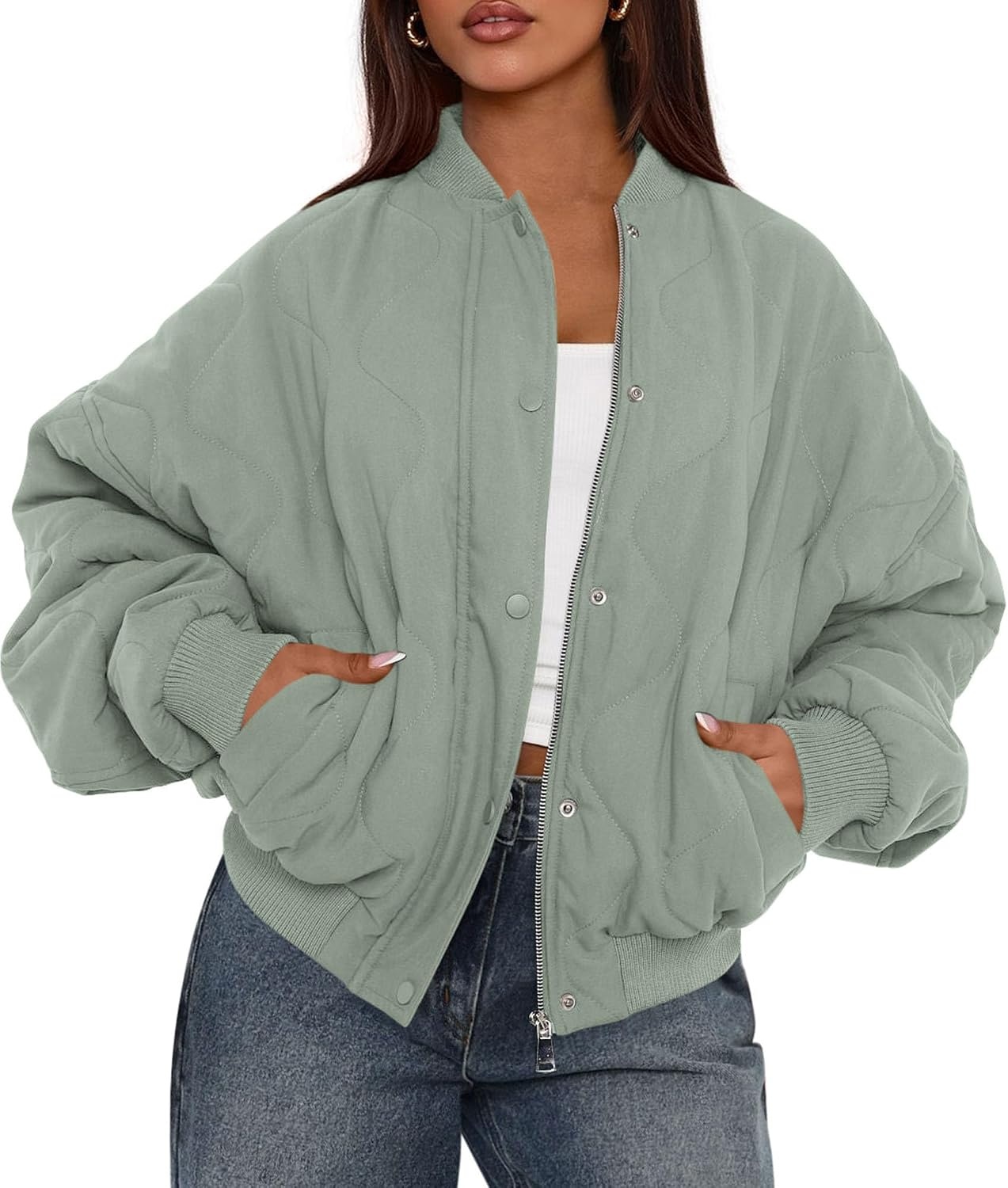image:imagePRETTYGARDEN Womens Quilted Bomber Jackets Winter CoatsSage Green