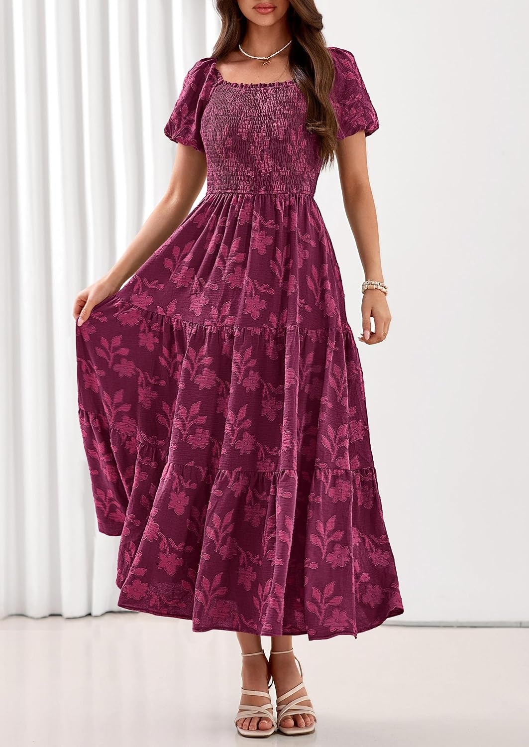 image:imagePRETTYGARDEN Womens Summer Floral Boho Maxi DressBurgundy