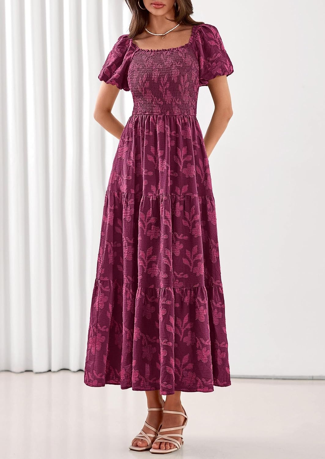 image:imagePRETTYGARDEN Womens Summer Floral Boho Maxi DressBurgundy