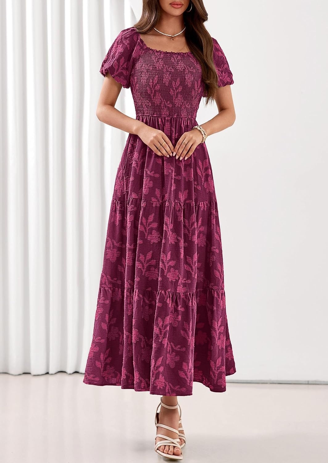 image:imagePRETTYGARDEN Womens Summer Floral Boho Maxi DressBurgundy