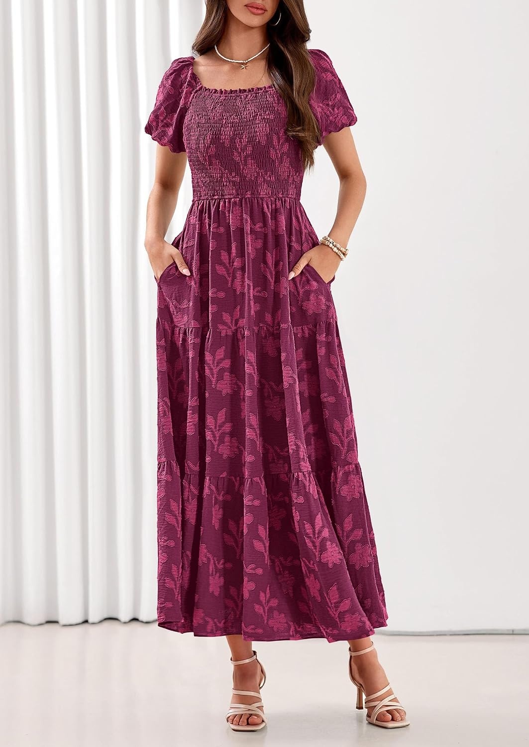 image:imagePRETTYGARDEN Womens Summer Floral Boho Maxi DressBurgundy