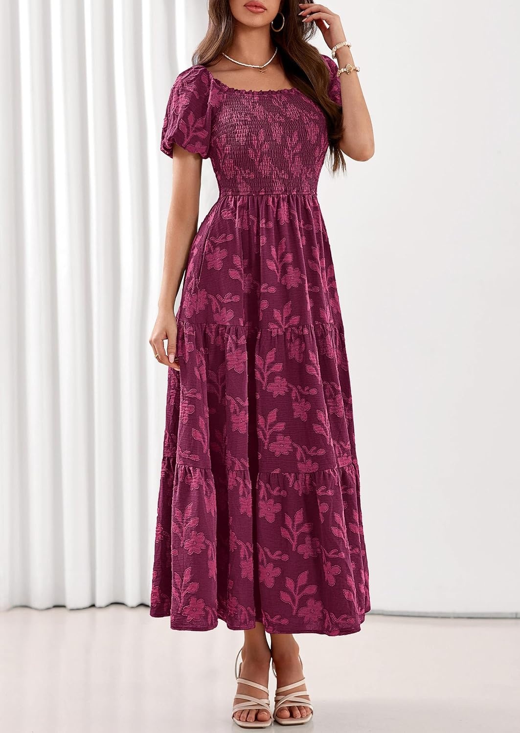 image:imagePRETTYGARDEN Womens Summer Floral Boho Maxi DressBurgundy