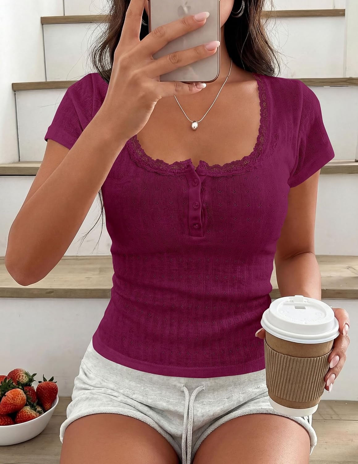 image:imagePRETTYGARDEN Womens Summer Lace Trim Short Sleeve Henley TopBurgundy