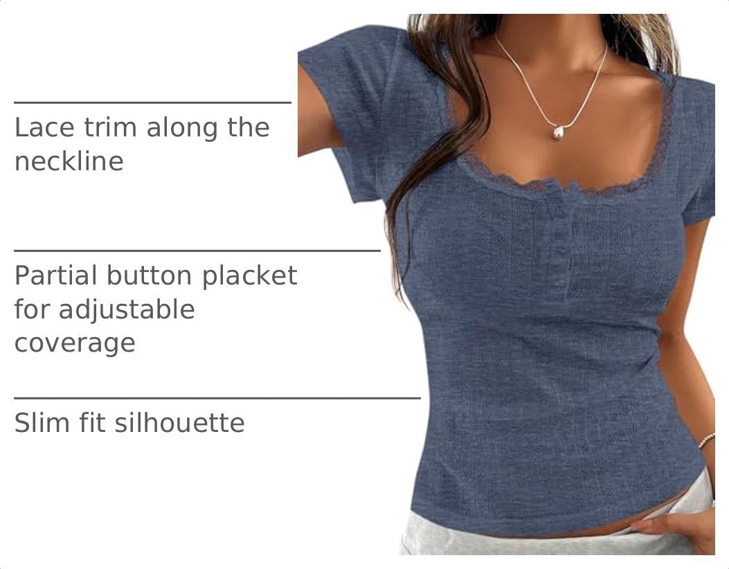 image:imagePRETTYGARDEN Womens Summer Lace Trim Short Sleeve Henley TopDusty Blue