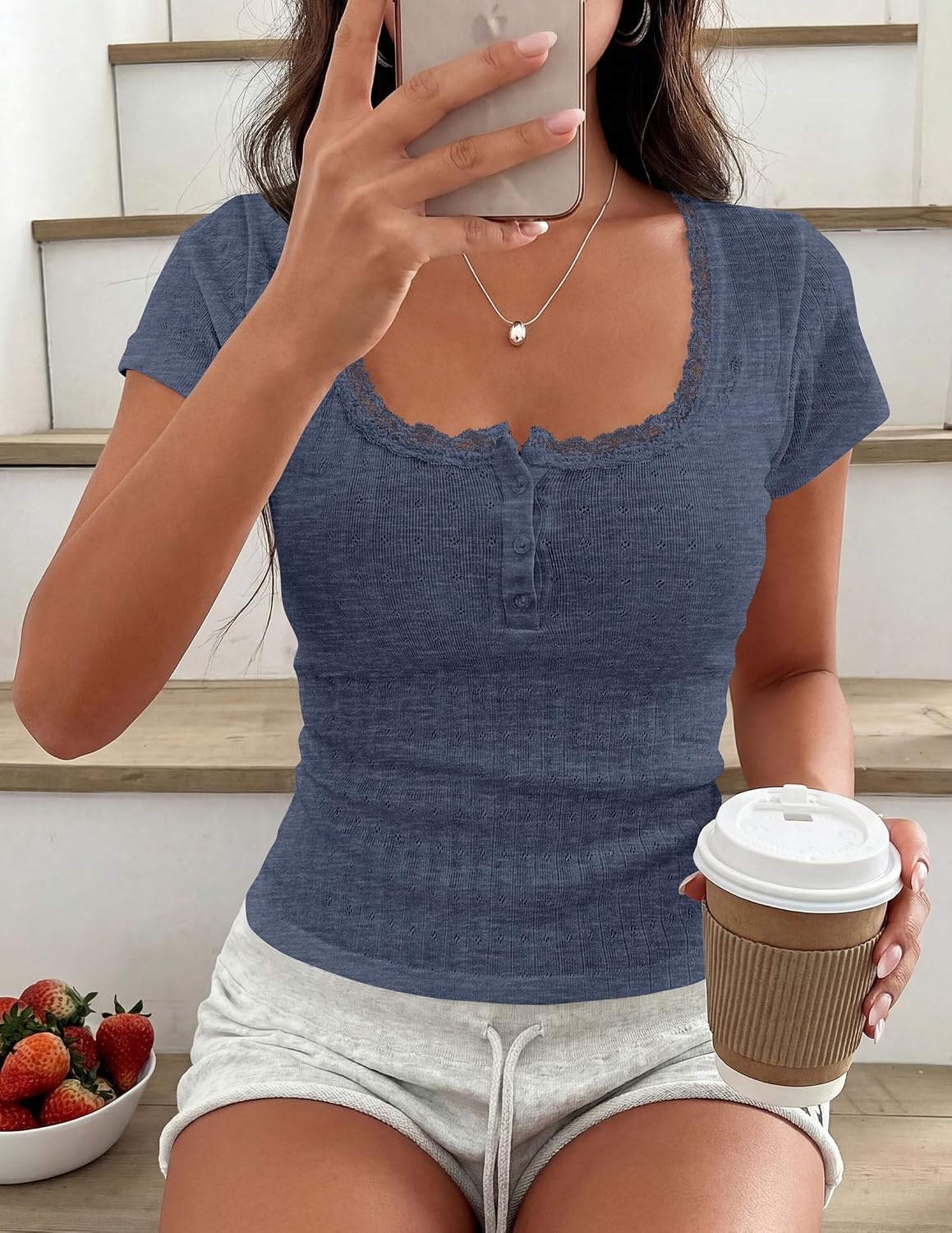 image:imagePRETTYGARDEN Womens Summer Lace Trim Short Sleeve Henley TopDusty Blue