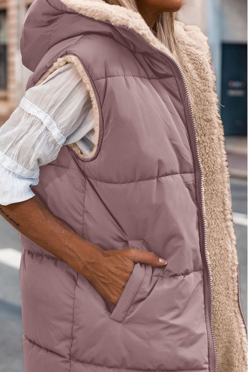 image:imagePRETTYGARDEN Womens Winter Reversible Fleece Long VestsBean Paste Pink
