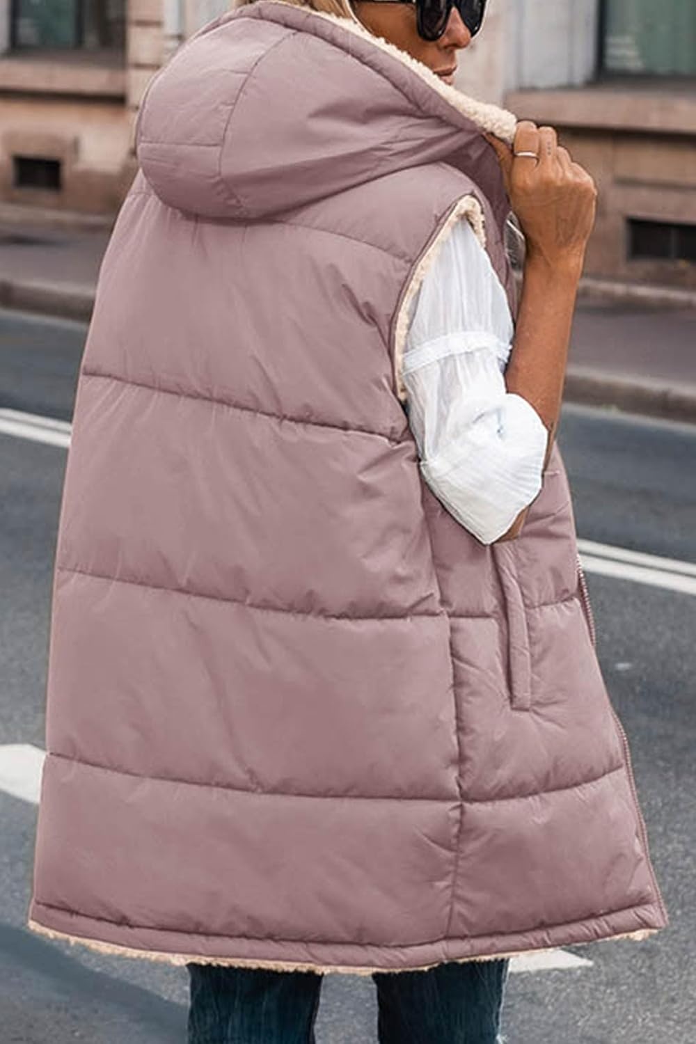 image:imagePRETTYGARDEN Womens Winter Reversible Fleece Long VestsBean Paste Pink