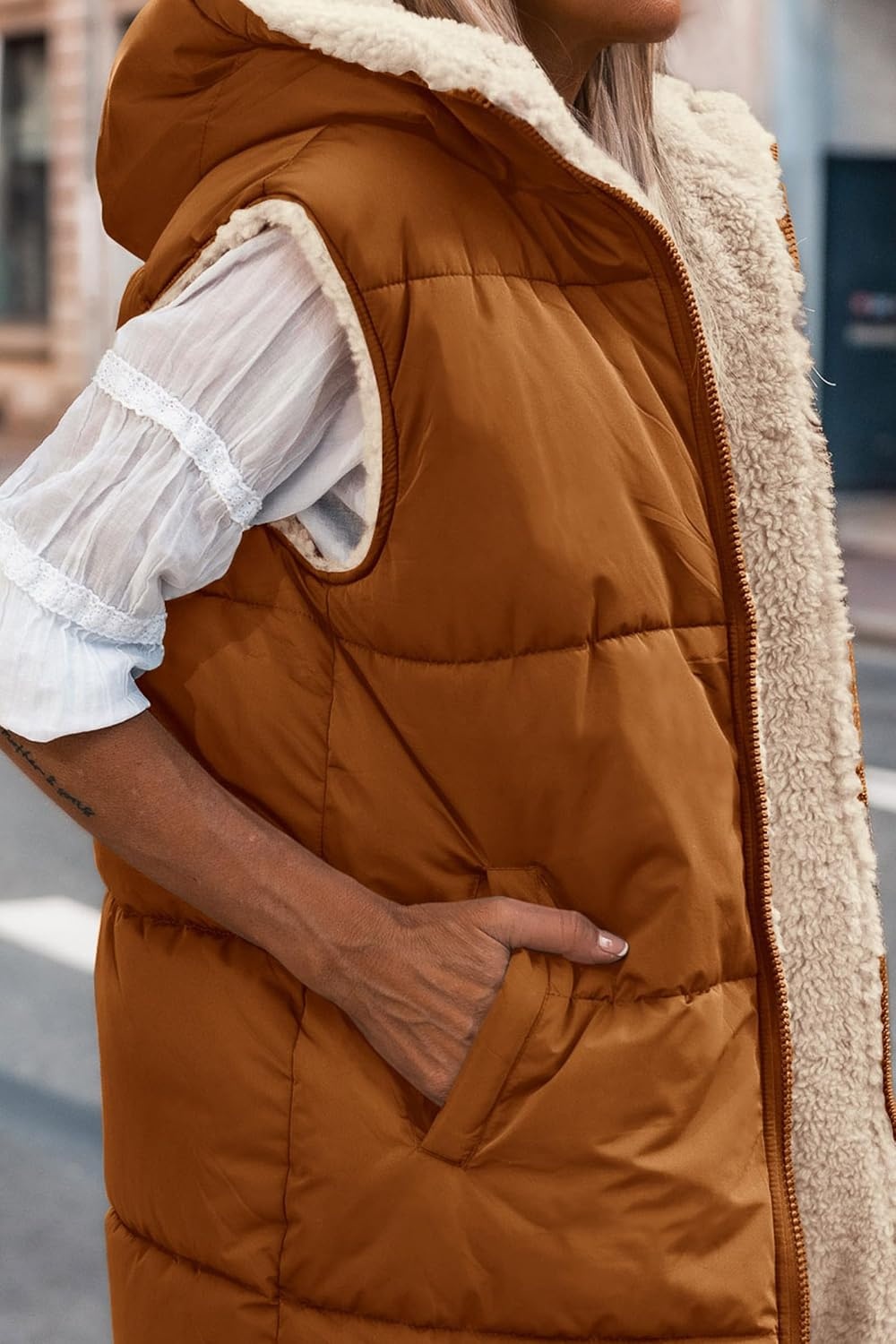 image:imagePRETTYGARDEN Womens Winter Reversible Fleece Long VestsBrown