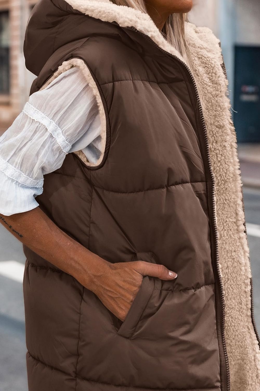 image:imagePRETTYGARDEN Womens Winter Reversible Fleece Long VestsCoffee