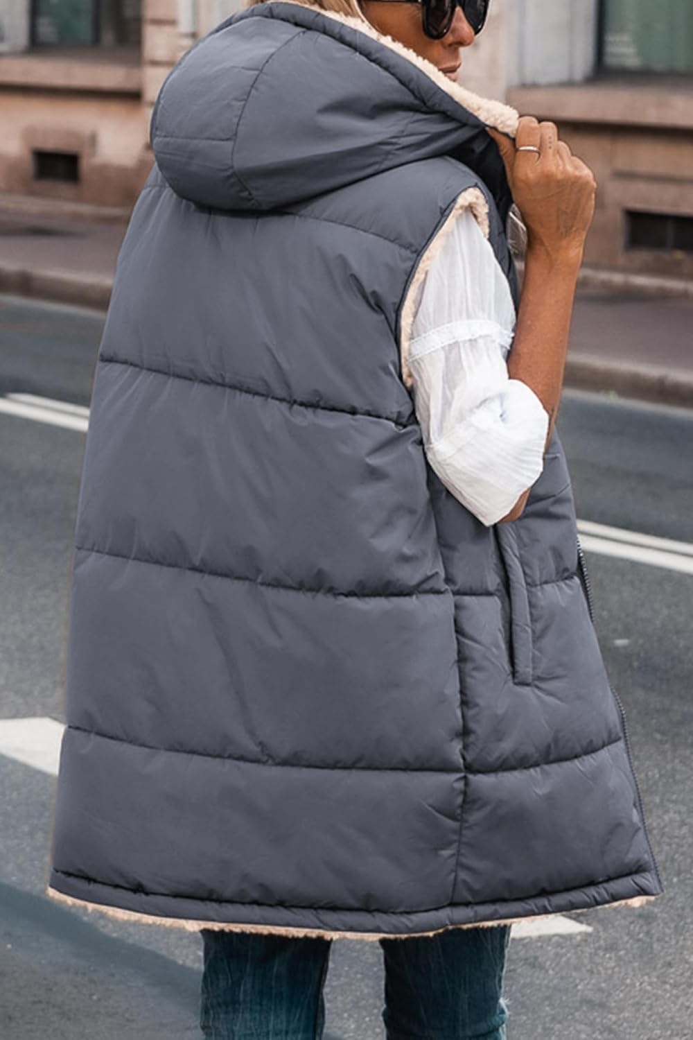 image:imagePRETTYGARDEN Womens Winter Reversible Fleece Long VestsGrey Blue