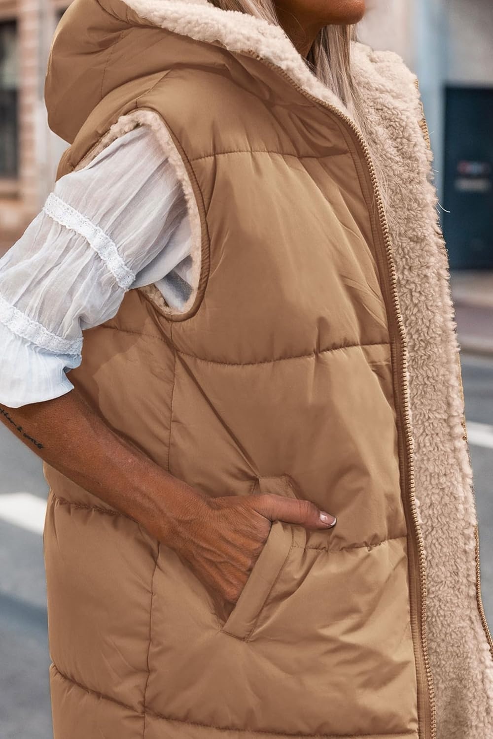 image:imagePRETTYGARDEN Womens Winter Reversible Fleece Long VestsLight Camel