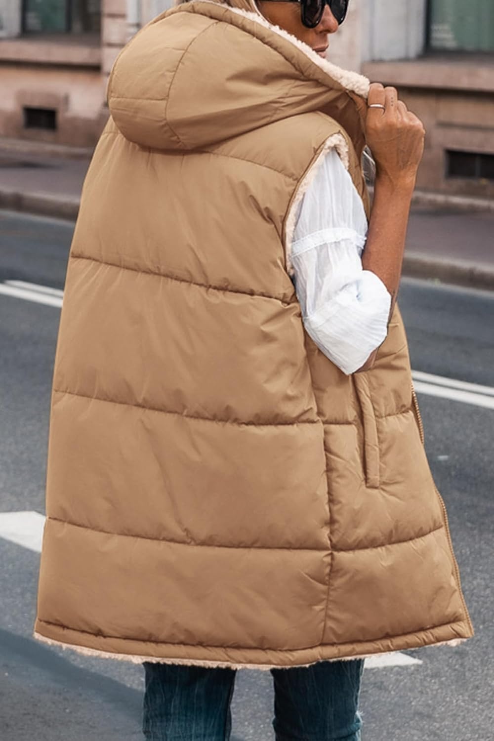 image:imagePRETTYGARDEN Womens Winter Reversible Fleece Long VestsLight Camel