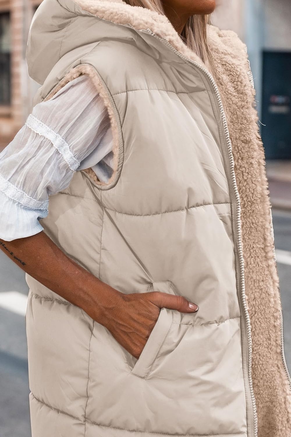 image:imagePRETTYGARDEN Womens Winter Reversible Fleece Long VestsLight Khaki