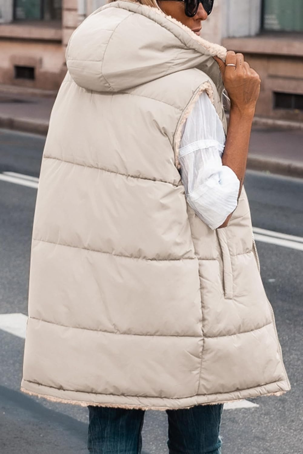 image:imagePRETTYGARDEN Womens Winter Reversible Fleece Long VestsLight Khaki