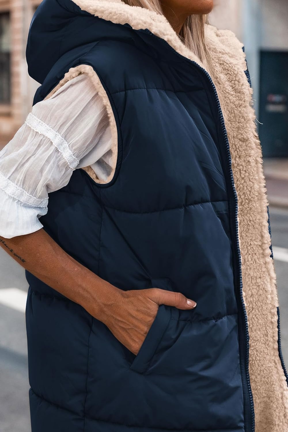image:imagePRETTYGARDEN Womens Winter Reversible Fleece Long VestsNavy