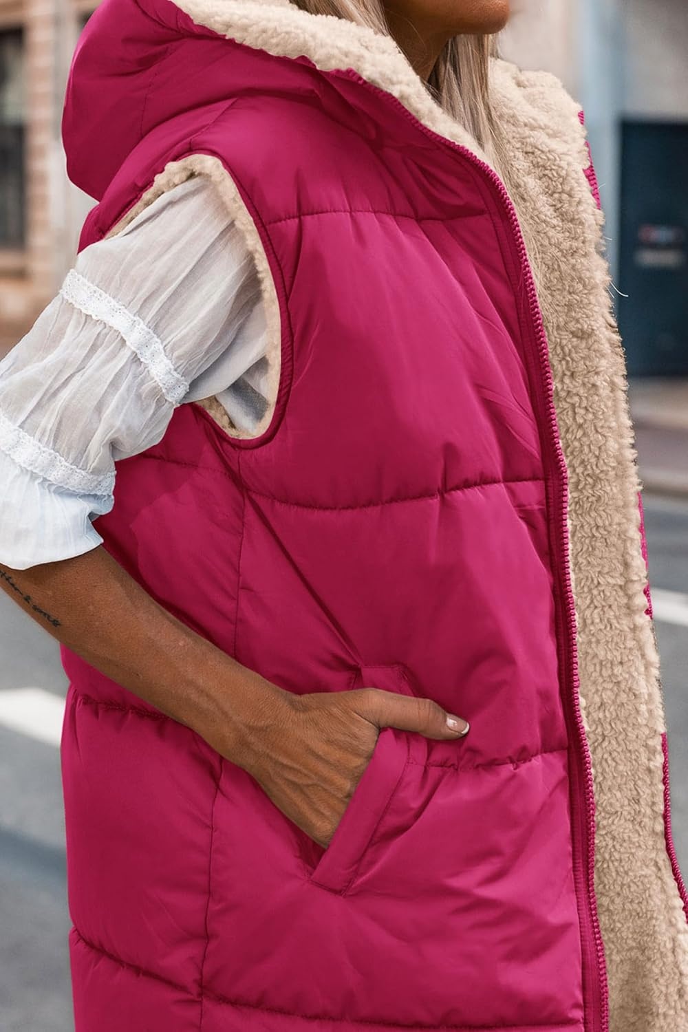 image:imagePRETTYGARDEN Womens Winter Reversible Fleece Long VestsRose Red