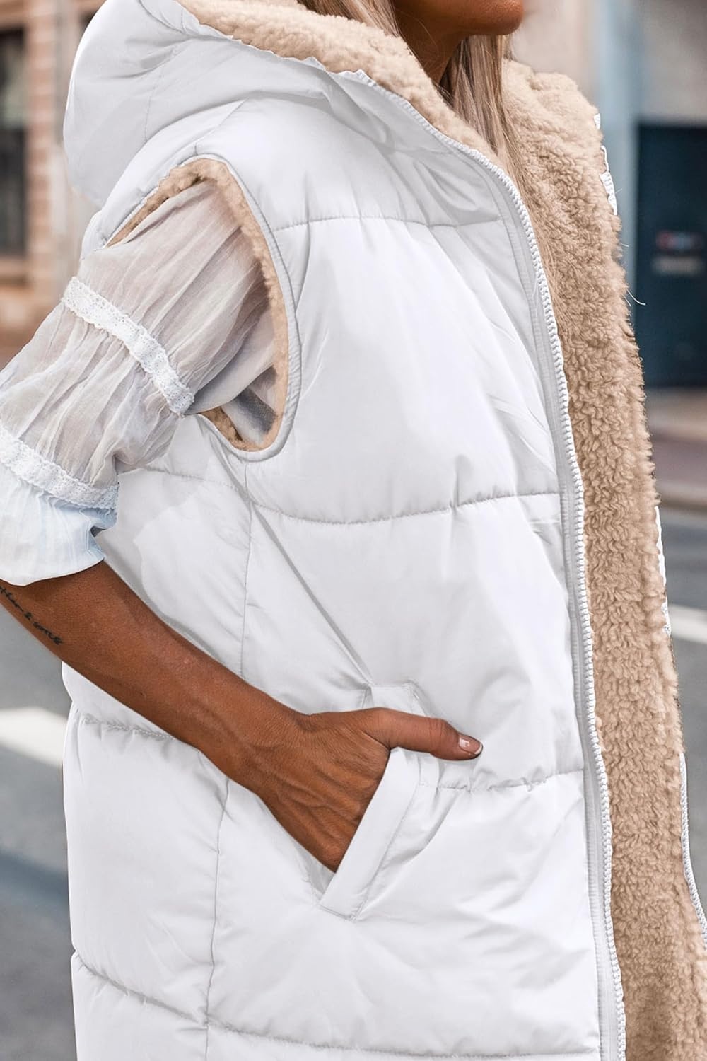 image:imagePRETTYGARDEN Womens Winter Reversible Fleece Long VestsWhite