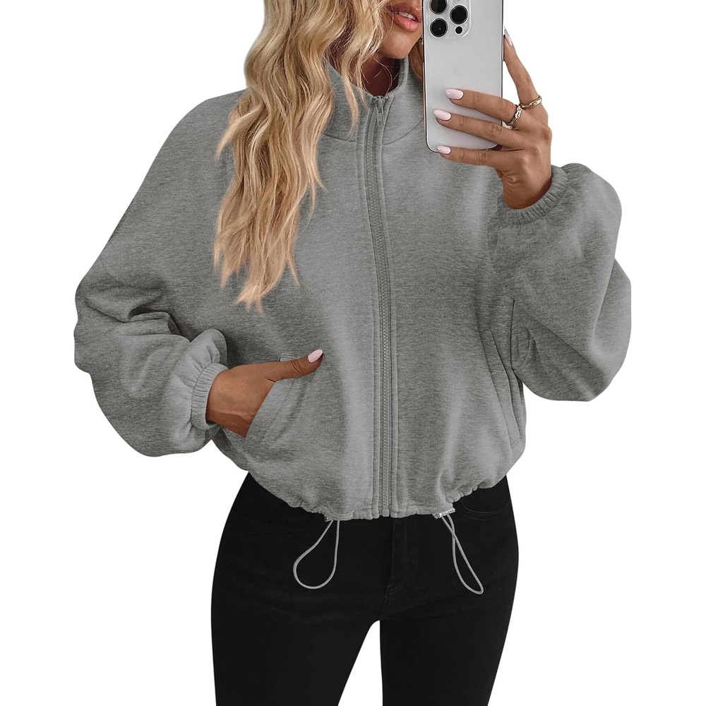 image:imagePRETTYGARDEN Womens Cropped Jacket Zip Up Fleece Sweatshirt Fall OutfitsGrey