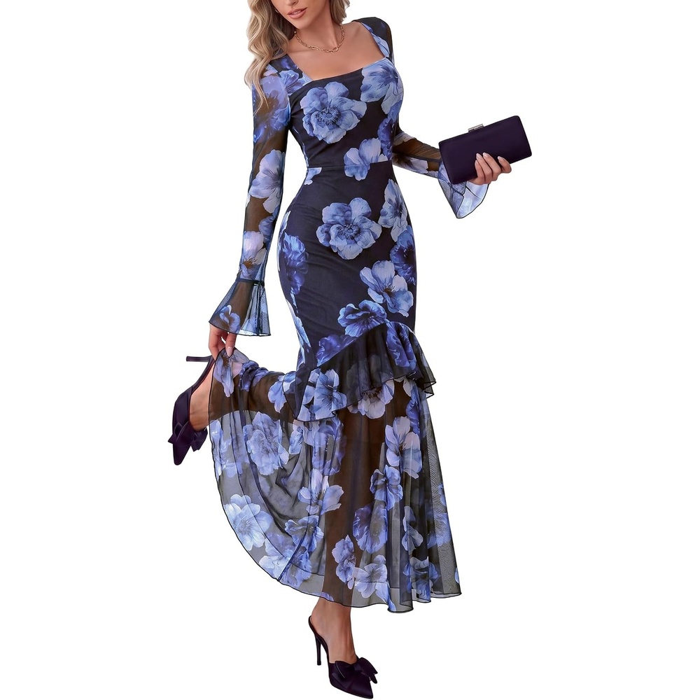 image:imagePRETTYGARDEN Womens Floral Long Sleeve Dress A Line Mesh Fall Maxi DressesFloral Navy Blue