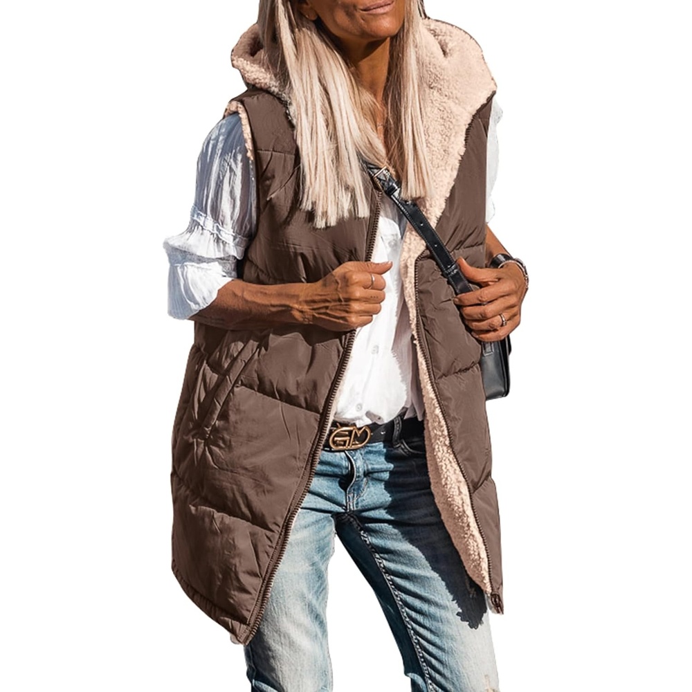image:imagePRETTYGARDEN Womens Winter Reversible Fleece Long VestsCoffee