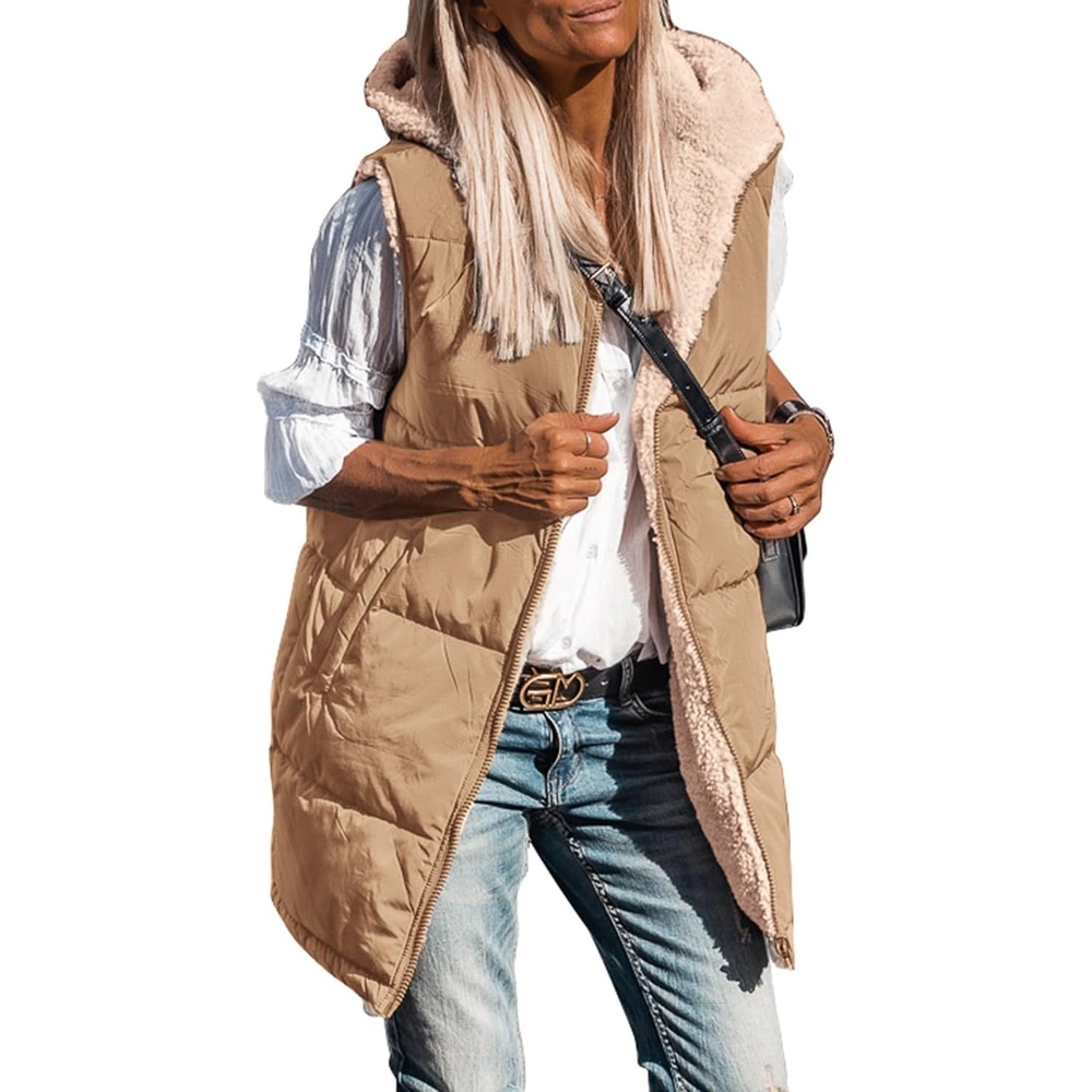 image:imagePRETTYGARDEN Womens Winter Reversible Fleece Long VestsLight Camel