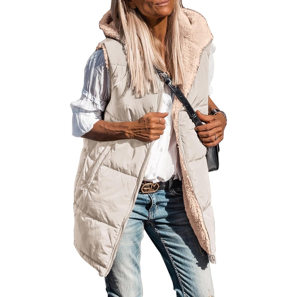 image:imagePRETTYGARDEN Womens Winter Reversible Fleece Long VestsLight Khaki