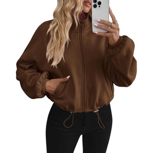 PRETTYGARDEN Women’s Cropped Jacket Zip Up Fleece Sweatshirt Fall Outfits(Brown)