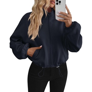 PRETTYGARDEN Women’s Cropped Jacket Zip Up Fleece Sweatshirt Fall Outfits(Navy)