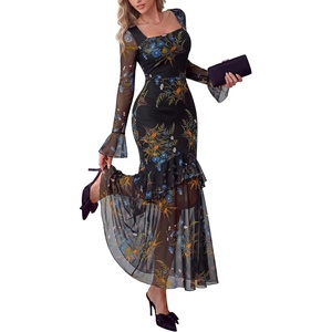 PRETTYGARDEN Womens Floral Long Sleeve Dress A Line Mesh Fall Maxi Dresses(Black Blue Flower)