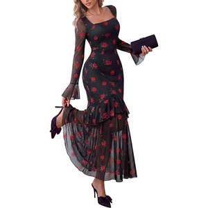 PRETTYGARDEN Womens Floral Long Sleeve Dress A Line Mesh Fall Maxi Dresses(Black Red Flower)