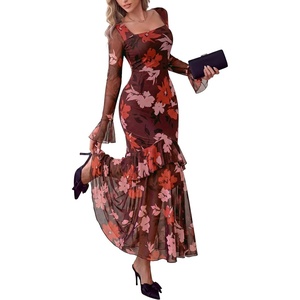 PRETTYGARDEN Womens Floral Long Sleeve Dress A Line Mesh Fall Maxi Dresses(Floral Brown Pink)