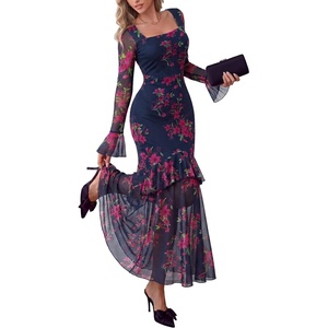 PRETTYGARDEN Womens Floral Long Sleeve Dress A Line Mesh Fall Maxi Dresses(Floral Navy Pink)