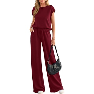 PRETTYGARDEN Women’s Summer 2 Piece Lounge Sets 2026 Cap Sleeve Tops Wide Leg Pants Workout Sets Loose Casual Tracksuit(Burgundy)