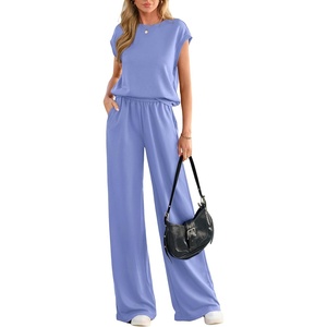 PRETTYGARDEN Women’s Summer 2 Piece Lounge Sets 2026 Cap Sleeve Tops Wide Leg Pants Workout Sets Loose Casual Tracksuit(Light Blue)