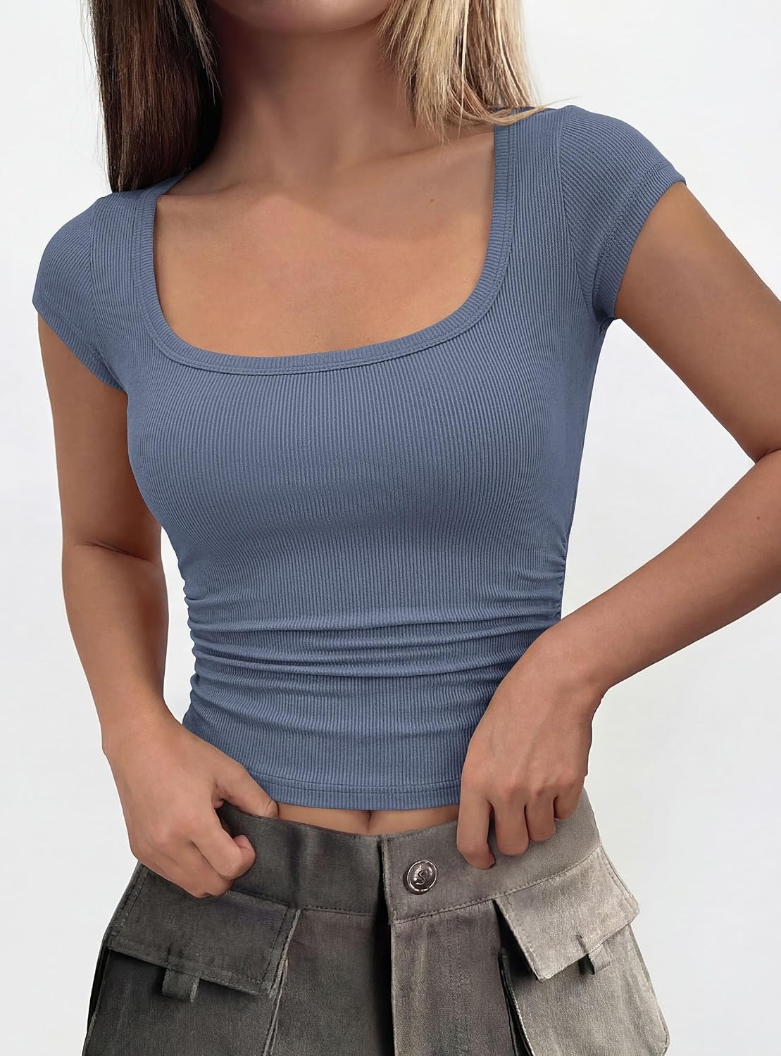 image:imagePRETTYGARDEN Short Sleeve Tops for Women Slim Fit T ShirtsBlue Grey