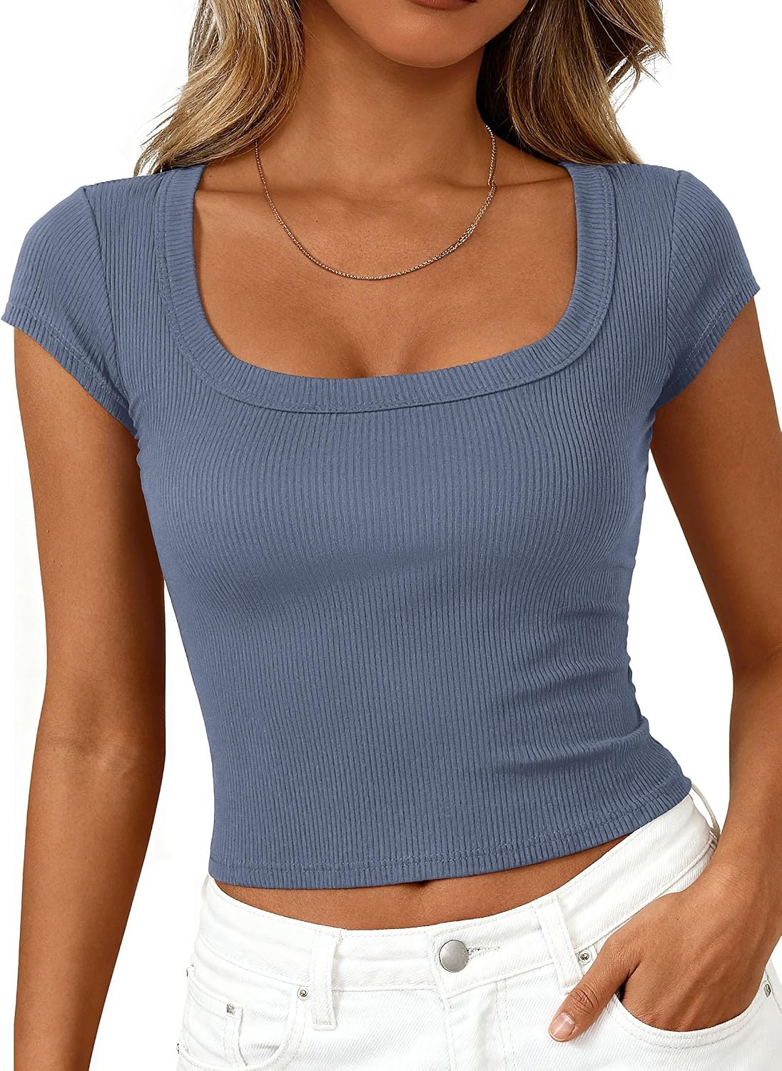 image:imagePRETTYGARDEN Short Sleeve Tops for Women Slim Fit T ShirtsBlue Grey