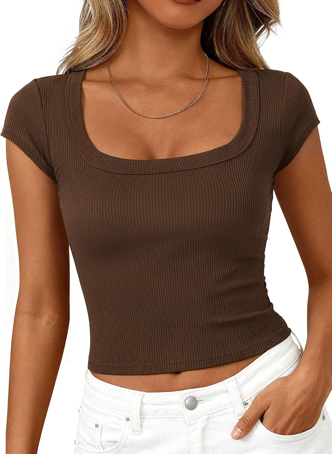image:imagePRETTYGARDEN Short Sleeve Tops for Women Slim Fit T ShirtsBrown