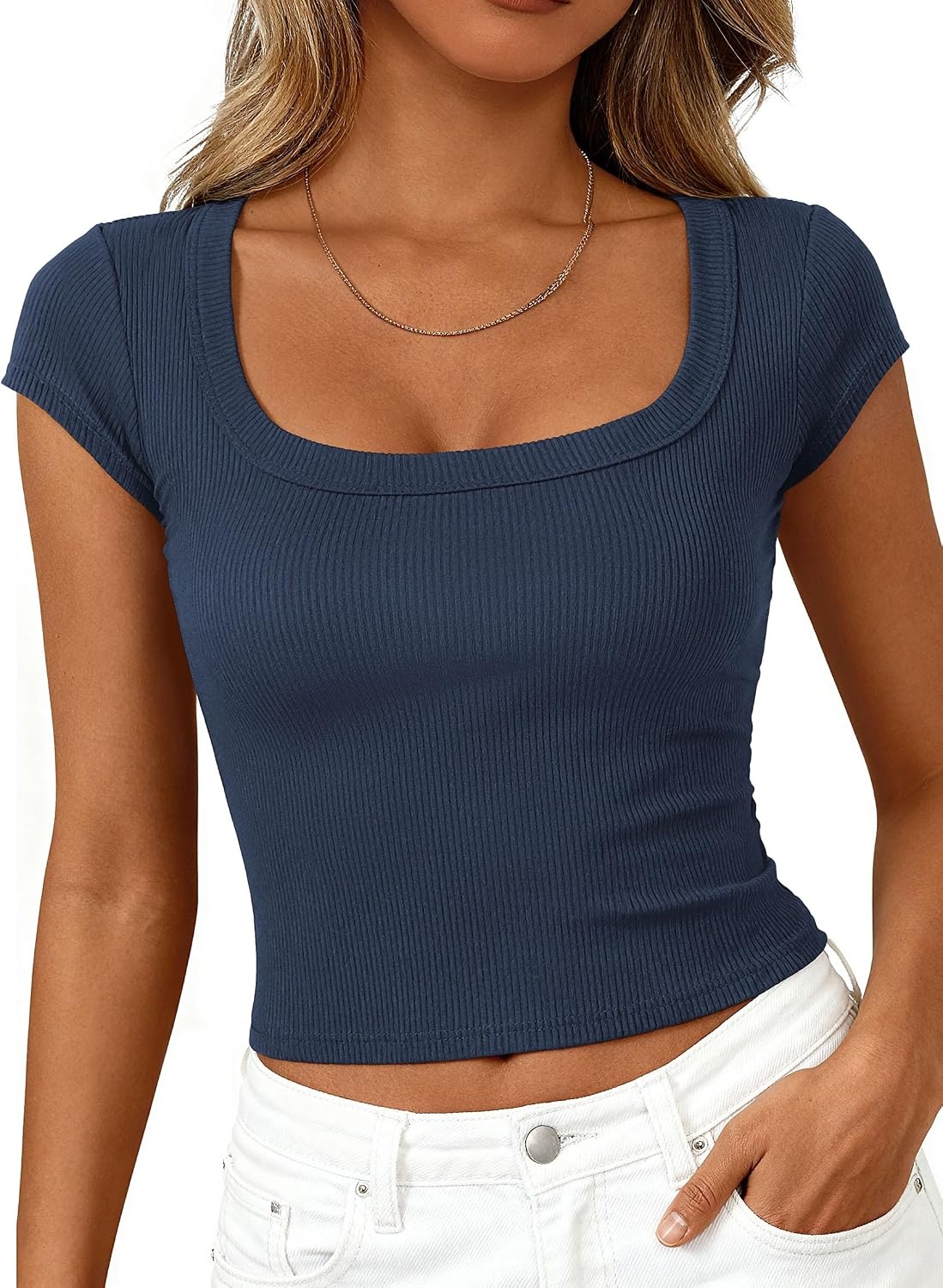 image:imagePRETTYGARDEN Short Sleeve Tops for Women Slim Fit T ShirtsDark Blue