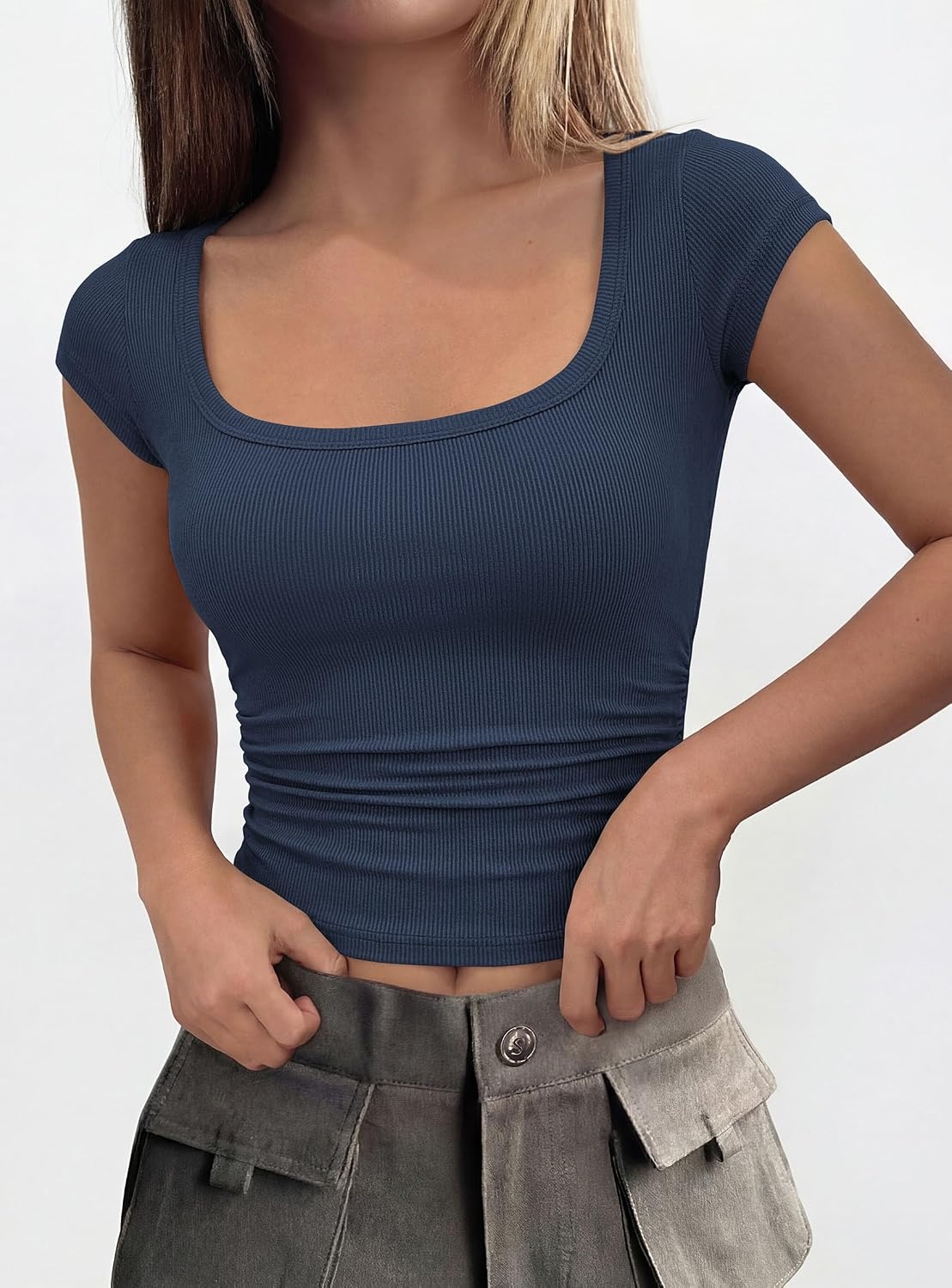 image:imagePRETTYGARDEN Short Sleeve Tops for Women Slim Fit T ShirtsDark Blue