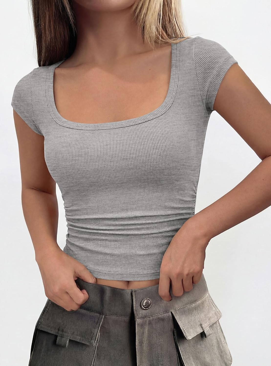 image:imagePRETTYGARDEN Short Sleeve Tops for Women Slim Fit T ShirtsGrey