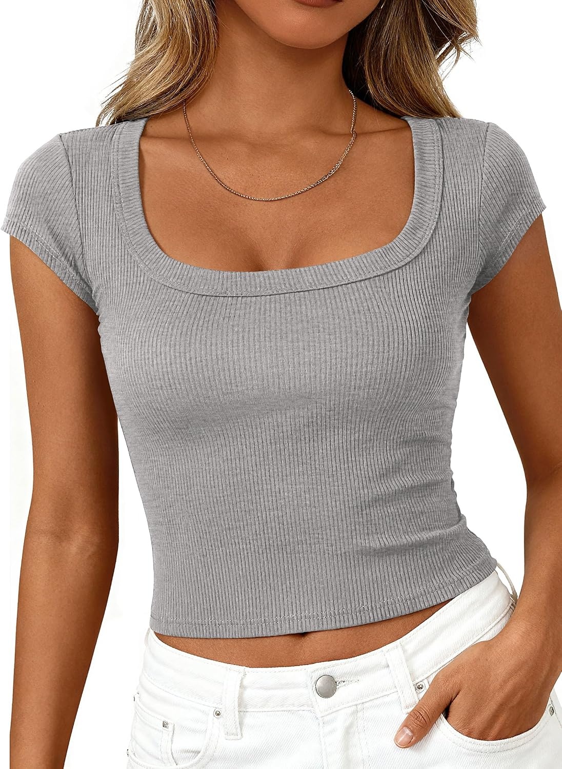 image:imagePRETTYGARDEN Short Sleeve Tops for Women Slim Fit T ShirtsGrey