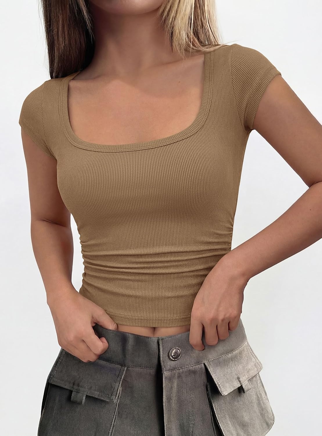 image:imagePRETTYGARDEN Short Sleeve Tops for Women Slim Fit T ShirtsLight Khaki