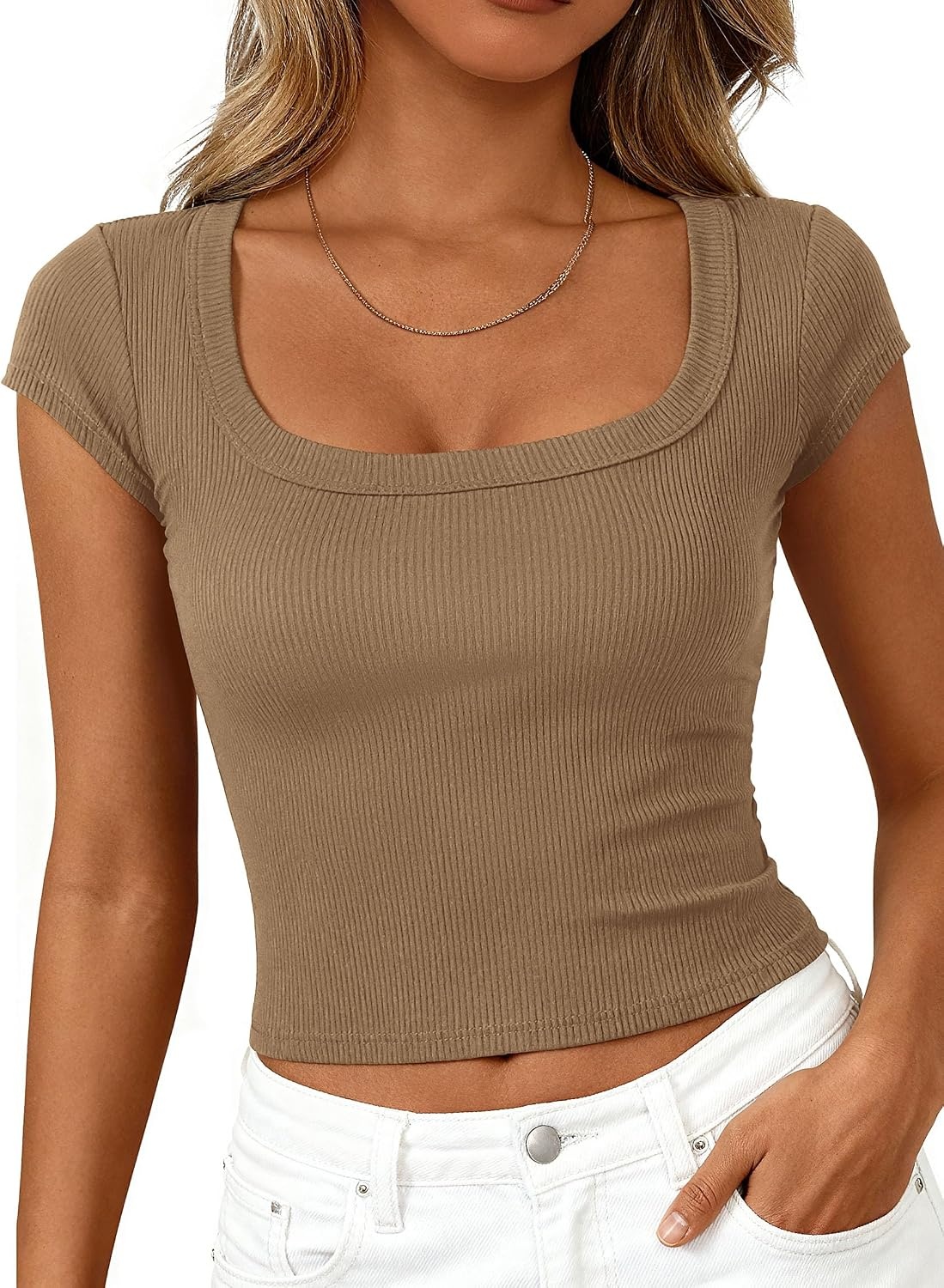 image:imagePRETTYGARDEN Short Sleeve Tops for Women Slim Fit T ShirtsLight Khaki