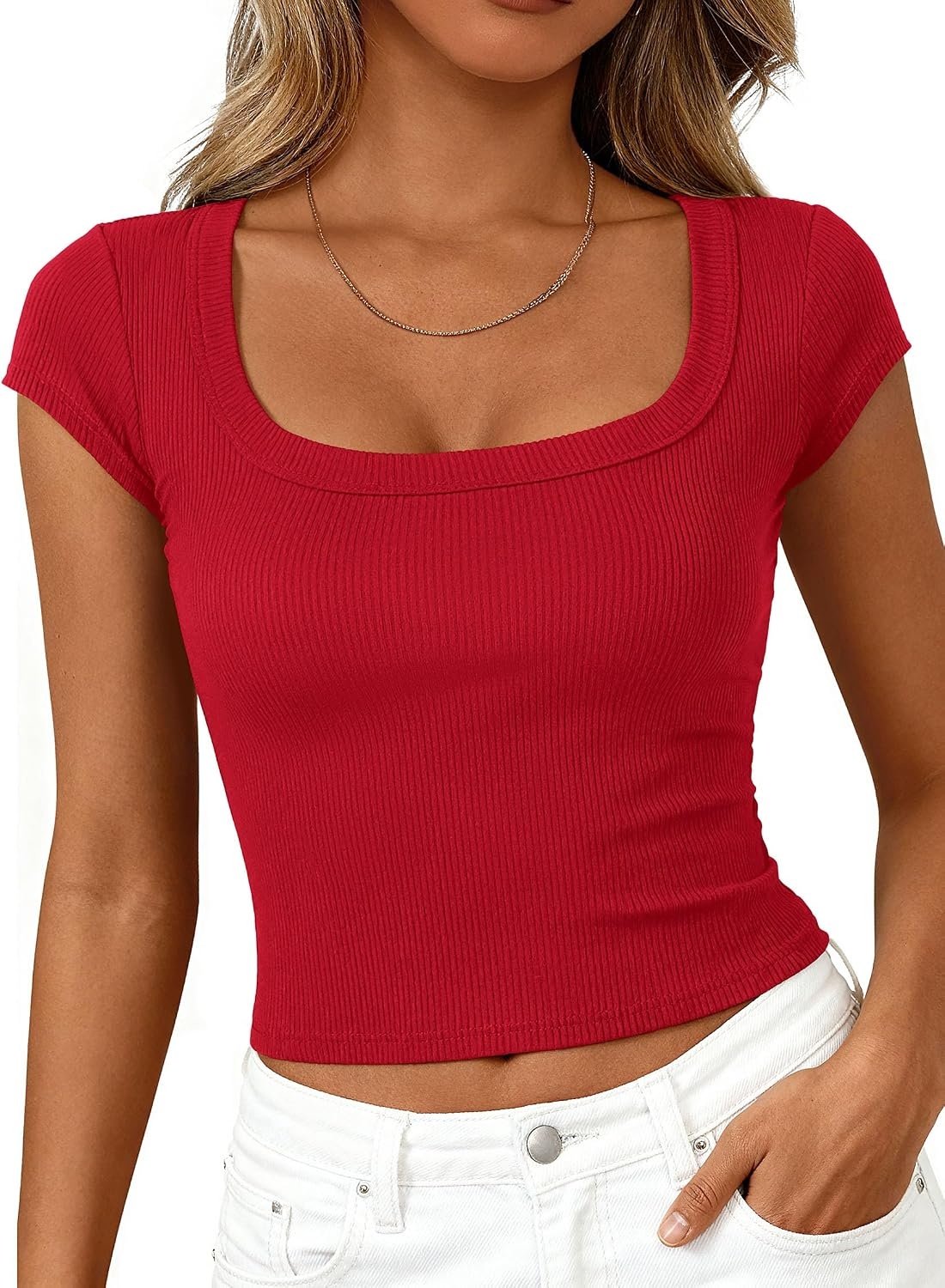 image:imagePRETTYGARDEN Short Sleeve Tops for Women Slim Fit T ShirtsRed