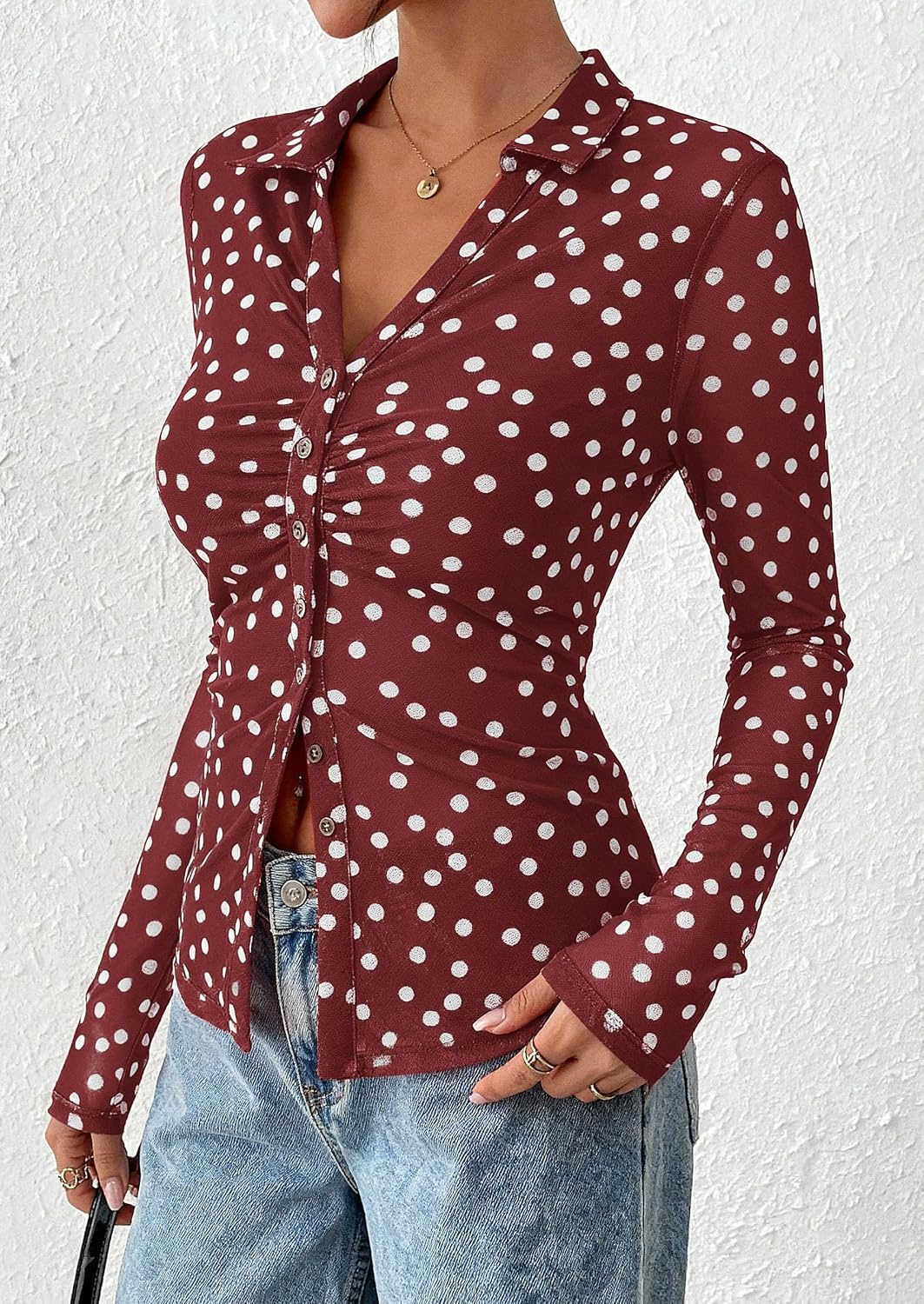 image:imagePRETTYGARDEN Womens Button Down Shirts Boho Mesh Floral Going Out Tops01 Dot Burgundy White