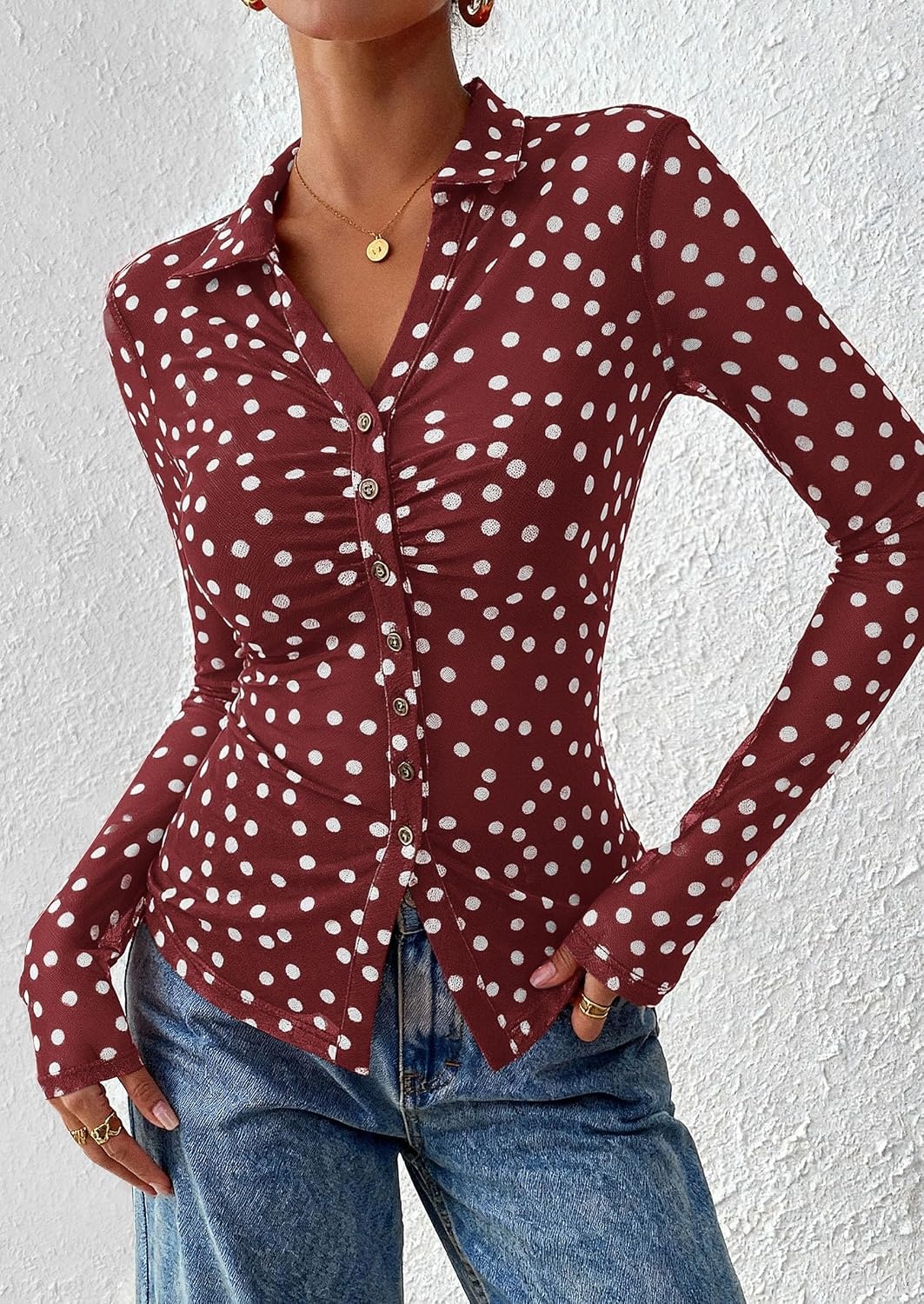 image:imagePRETTYGARDEN Womens Button Down Shirts Boho Mesh Floral Going Out Tops01 Dot Burgundy White
